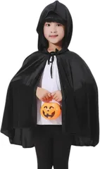 ドナリー 子供 コスプレ マント フード付き ショート丈 ケープ ハロウィン 仮装 衣装 男女兼用 女の子 男の子 魔女 学芸会 発表会 クリスマス (ブラック,  Sサイズ：着丈 約60cm)