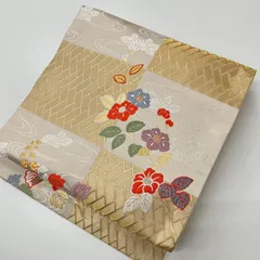 名古屋帯 市松 唐織 流水に花柄 九寸 正絹 着物 MA-2284