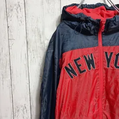 MLB NEW YORK 刺繍ロゴ ナイロンジャケット レッド×ネイビー 100 フード付き 切り替えデザイン