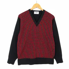 Lucky Seven ON 日本製 ニット セーター 総柄 切替 ウール Vネック 長袖 L 黒 ブラック 赤 レッド