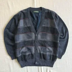 90s　vintage　ヴィンテージ古着　孔子柄　ブロックチェック　立体編みニット　ボタン留めカーディガン　ジャケット　裏地付き　L　グレー　アウトドア　Y2K　C-BOY　block check pattern 3D design knit cardigan