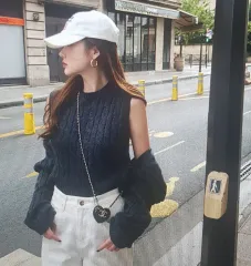 (海外配送) ラウンド ノースリーブ ニット トップス + ボレロ ショール カーディガン セット