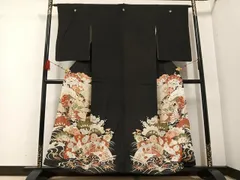 平和屋着物●アンティーク　大正ロマン　黒留袖　駒刺繍　扇面花文　金彩　正絹　逸品　AABE4835ph