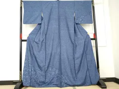 平和屋着物●訪問着　紬地　藍　型染め　雪輪鳳凰花唐草文　正絹　逸品　AABE2884cs