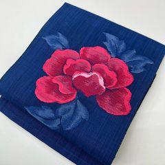 A 夏物 花模様 紺色 太鼓 正絹 薄物 絽 紗 カジュアルな名古屋帯