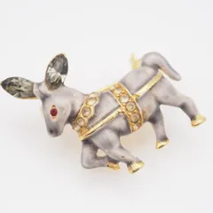 L050 ブローチ ロバ ドンキー アニマル スモーキークォーツ風 ラインストーン ゴールド デザイン コスチュームジュエリー