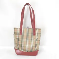 『USED』 バーバリー ノバチェック トートバッグ キャンバス/レザー  レッド×ベージュ