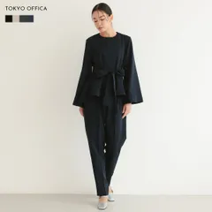 パンツスーツ セットアップ レディース ラウンドネック サッシュベルト ペプラム フレアスリーブ テーパードパンツ フォーマル オケージョン 125605