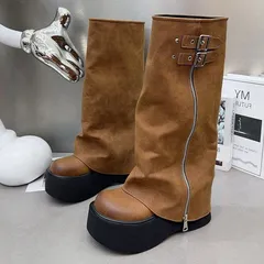 厚底ブーツ レディース ロングブーツ ローヒール ブーツ ロング丈 ゆったり 厚底 ギャル系 痛くない 疲れない お出かけ シューズ 旅行 女性 おしゃれ かわいい 秋冬 普段使い きれいめ プレゼン