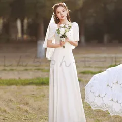 新しい未使用 ウェディングドレス ロングドレス 二次会 半袖 サテン 結婚式 前撮り ワンピース お誕生会です シンプル 白 ブライダル 花嫁 