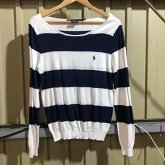 1147 RALPH LAUREN SPORT セーター ホワイト ネイビー L ラルフローレンスポーツ ニット ボーダー柄 ワンポイント 刺繍ロゴ ポロポニー コットン 古着卸 アメリカ仕入