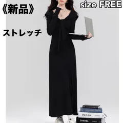 《新品即納》ボウタイリボン　ストレッチロングワンピース　レディース　ブラック　フリーサイズ　Iライン　着痩せ　細見え　韓国ファッション