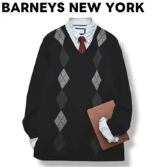 【上質】 イタリア製 バーニーズニューヨーク BARNEYS NEW YORK Vネック メリノウール ニット セーター 50 アーガイル柄 黒 x 赤 x 灰 メンズ 男性用