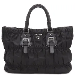 プラダ PRADA 2WAYバッグ メタルロゴ ギャザー ナイロン レザー ブラック シルバー金具 黒 トート ショルダーバッグ 【中古】