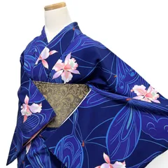 小紋　洗える着物　蝶　菖蒲　ブルー　ネイビー　着物　122b d ms