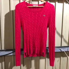 1154 LACOSTE セーター レッド size38 M ラコステ ニット ケーブル編み ワンポイント 刺繍ロゴ コットン 古着卸 アメリカ仕入