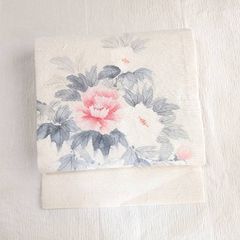 ひげ紬☆名古屋帯 ぼたん オフホワイト 名古屋仕立て 正絹 113 - メルカリ