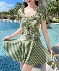 ギンガムチェック水着 レディース タンキニ フリルトップス ハイウエストスカート 体型カバー 水着セット 大人可愛い チェック柄 セパレー