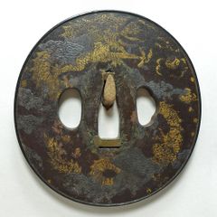 ☆銅地容彫伊勢海老図目貫 無銘 高肉彫 毛彫 金着せ 細密金工 刀装具