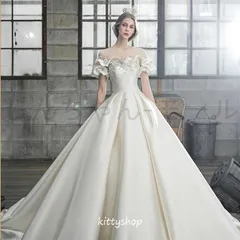新しい未使用 ウェディングドレス サテン ドレス 高級感 結婚式ドレス 二次会ドレス 花嫁ドレス Aライン ロングドレス ウェディングドレス 
