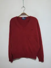 (L) ラルフローレン ポロ Vネック ニット バーガンディ ラムウール セーター