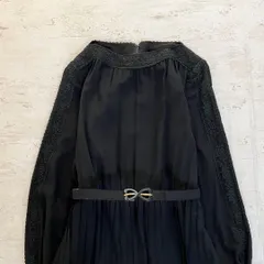 昭和レトロ花柄刺繍入りブラック プリーツ長袖ロングワンピース 9号ベルト付き