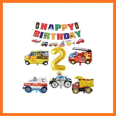 【新品】 誕生日 飾り付け シンプル パーティー セット 大きな 3D車バルーンセット Happy Birthdayバースデーバナー 交通バナー パトカーアルミ風船 スクールバスアルミ風船 (2号) 0
