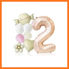 【新品】 deerzon くすみピンク 2歳 くすみカラー 数字 バルーン 誕生日 飾り付け 10点 セット 大きい 65cm くすみ ニュアンスカラー ナンバーバルーン バースデー 1