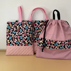 入園入学3点セット　ハンドメイド　レッスンバッグ　上履き入れ　キルティング　リボン
