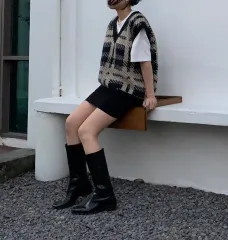 CHECK ブラック Vネック ニット ベスト