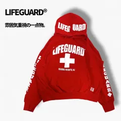LIFEGUARD フーディ パーカー 赤 短丈 ワイド XL相当 ダメージ 一点物 多面ロゴ 雰囲気系 CBOYストリート Y2K 海外古着