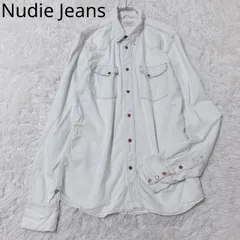 ヌーディージーンズ　デニムシャツ　ラウンドヘム　レギュラーフィット　ウエスタン　綿100%   カジュアル　シンプル　ホワイトブルー系