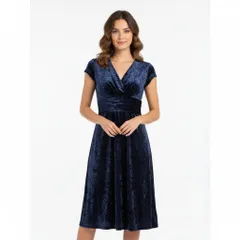 【フランス製 EGERIE（エジェリ）】ベロア ワンピース ドレス 七分丈 紺 ネイビー Vネック ウエストシャーリング キャップスリーブ [T1 T2 T3] 秋 冬 結婚式 二次会 パーティー お呼ばれ 発表会 [511Karla3]
