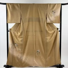 付下げ 身丈159cm 裄丈66cm M 袷 雪輪 菊 刺繍 金銀彩 ベージュ 正絹 優品 【中古】