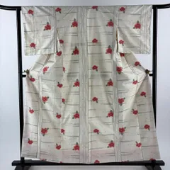 【美品】 紬 身丈158cm 裄丈62cm S 袷 椿 縞 クリーム 正絹 優品 【中古】