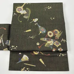 【美品】付け帯 秀品 作り帯 和楽器 金糸 茶緑色 正絹 【中古】