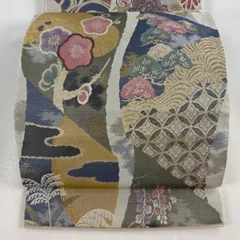 袋帯 秀品 牡丹 梅 箔 ベージュ 六通 正絹 【中古】