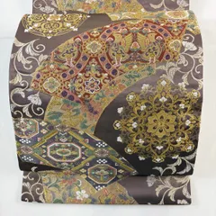 【美品】 袋帯 秀品 扇面 花鳥 刺繍 金糸 灰紫 六通 正絹 【中古】