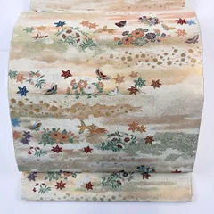 袋帯 秀品 服部織物 落款 こはく錦 草花 鳥 金糸 箔 ベージュ お太鼓柄 正絹 【中古】