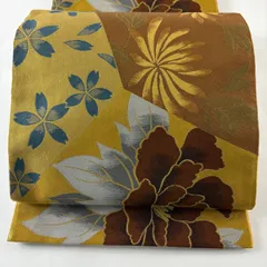 【美品】 袋帯 秀品 牡丹 桜 金糸 からし色 六通 正絹 【中古】