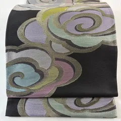 【美品】 袋帯 秀品 雲文 箔 黒灰 六通 正絹 【中古】