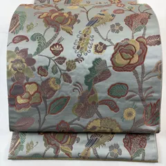 【美品】 袋帯 秀品 枝花 鳥 箔 青灰色 六通 正絹 【中古】