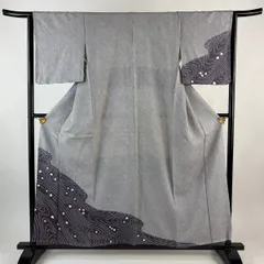 付下げ 身丈156cm 裄丈63.5cm S 袷 波 幾何学 総絞り 灰紫 正絹 秀品 【中古】