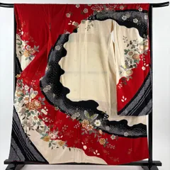 振袖 身丈159cm 裄丈66cm M 袷 草花 蝶 金糸 金銀彩 赤 正絹 秀品 【中古】