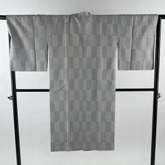 道行 身丈124.5cm 裄丈65.5cm M 和装コート 千代田衿 市松 絣柄 灰色 正絹 秀品 【中古】