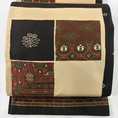 【美品】 袋帯 名品 木屋太 落款 草花 幾何学 ベージュ 六通 正絹 【中古】