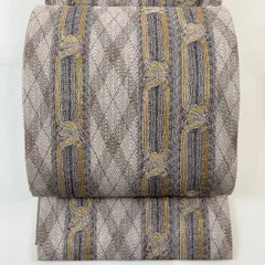 【美品】 袋帯 名品 幾何学 斜め格子 金銀糸 薄茶色 全通 正絹 【中古】