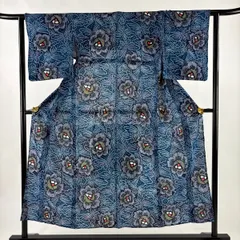 【美品】 浴衣 身丈150cm 裄丈61cm S 絞り浴衣 花 蝶 青緑 綿 名品 【中古】