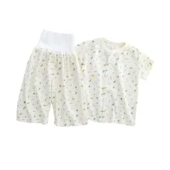 【新品】 ベビー服 パジャマ夏服薄手綿腹巻上下セット前開き半袖女の子男の子子供服メッシュ総柄贈り物ベージュ森柄100