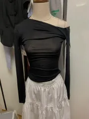 ザラ OHアシンメトリック メッシュ トップス ブラック オフショルダー 長袖 Tシャツ 5644328